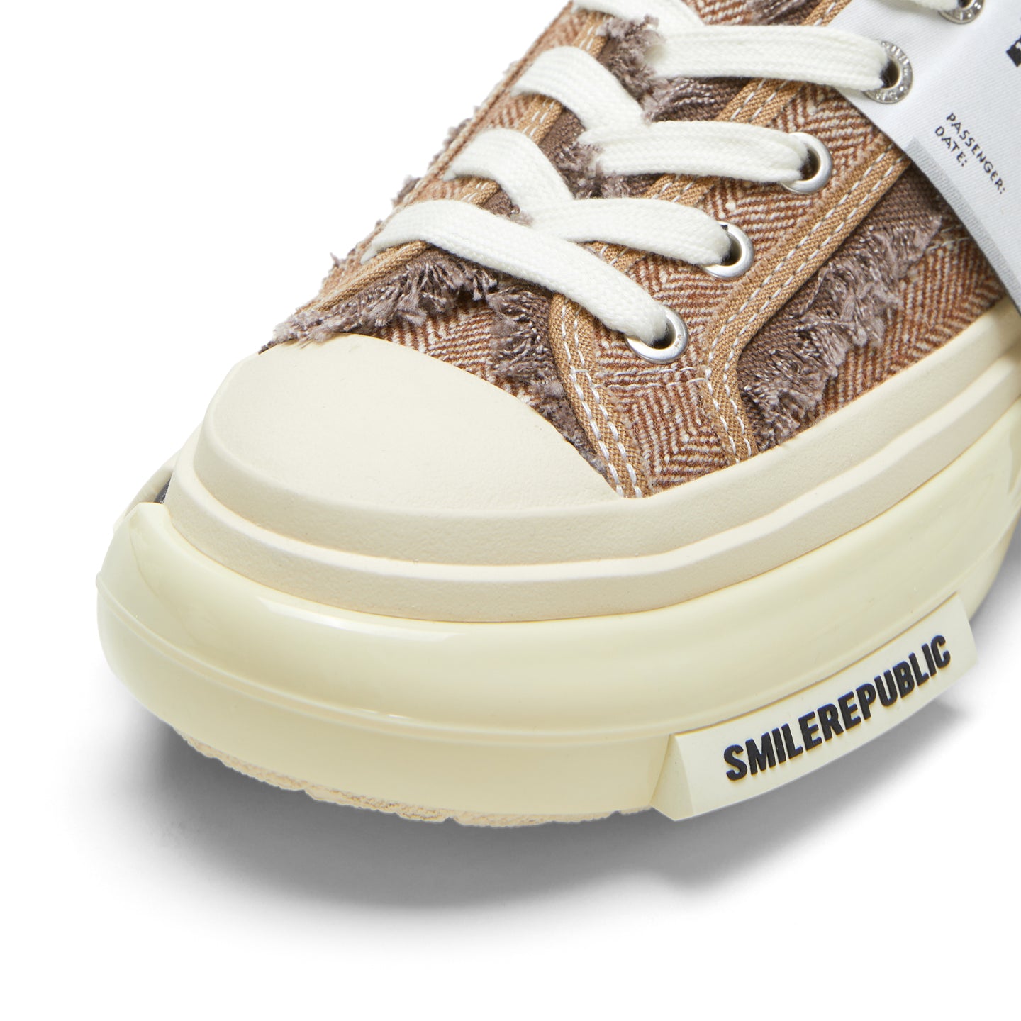 Cinnamon Brown Frayed Herringbone Chunky Platform Sneakers, Low Top Lace Up Shoes