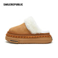 Almond Tan Furry Trim Platform Mule Slippers, Closed Toe Winter Shoes