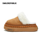 Almond Tan Furry Trim Platform Mule Slippers, Closed Toe Winter Shoes