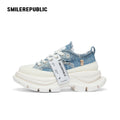 Denim Blue Frayed Canvas Smile Toe Platform Sneakers, Unisex Lace Up Shoes