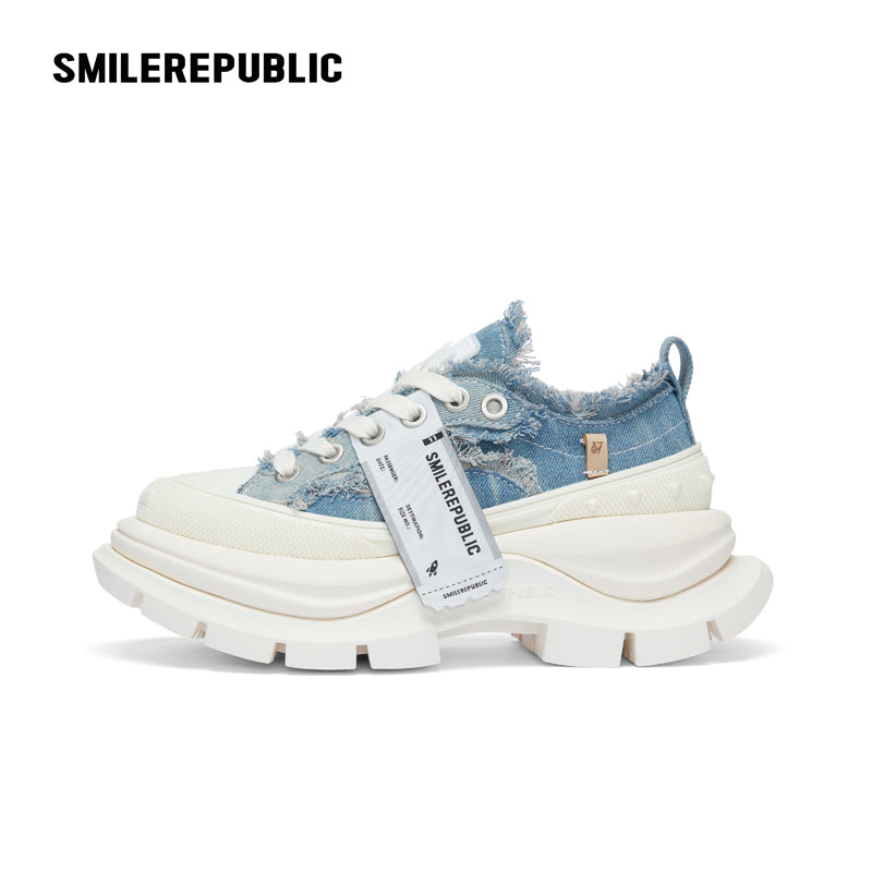 Denim Blue Frayed Canvas Smile Toe Platform Sneakers, Unisex Lace Up Shoes