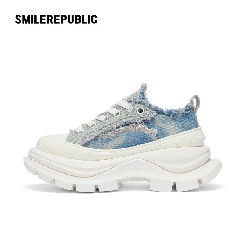 Denim Blue Frayed Canvas Smile Toe Platform Sneakers, Unisex Lace Up Shoes
