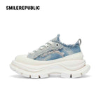 Denim Blue Frayed Canvas Smile Toe Platform Sneakers, Unisex Lace Up Shoes