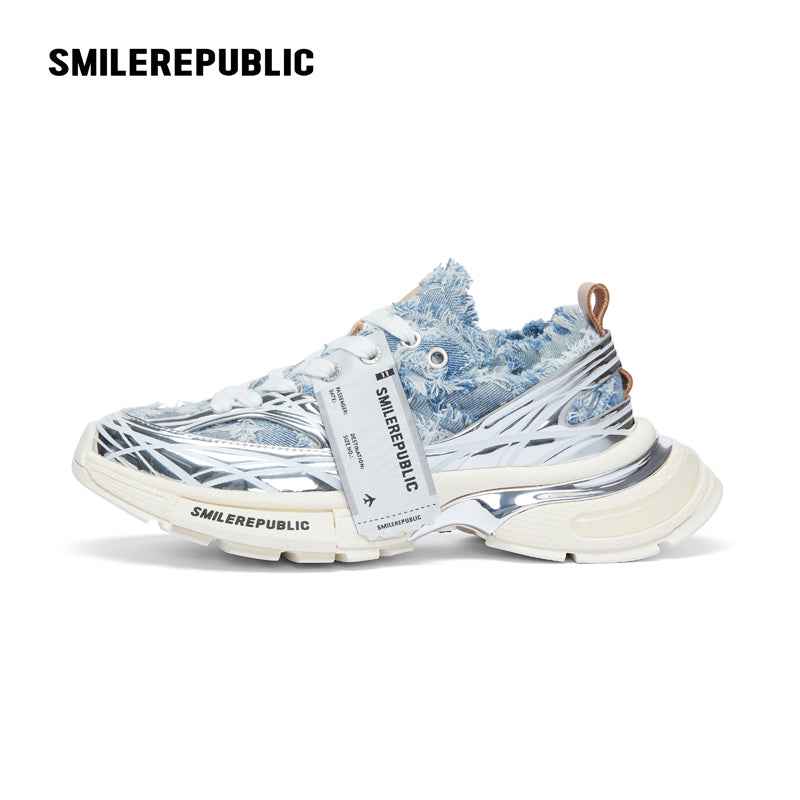 Light Blue Frayed Denim Chunky Sneakers with Silver Trim, Unisex Low Top Lace Up Shoes