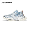 Light Blue Frayed Denim Chunky Sneakers with Silver Trim, Unisex Low Top Lace Up Shoes