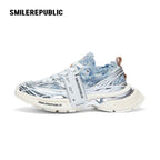 Light Blue Frayed Denim Chunky Sneakers with Silver Trim, Unisex Low Top Lace Up Shoes