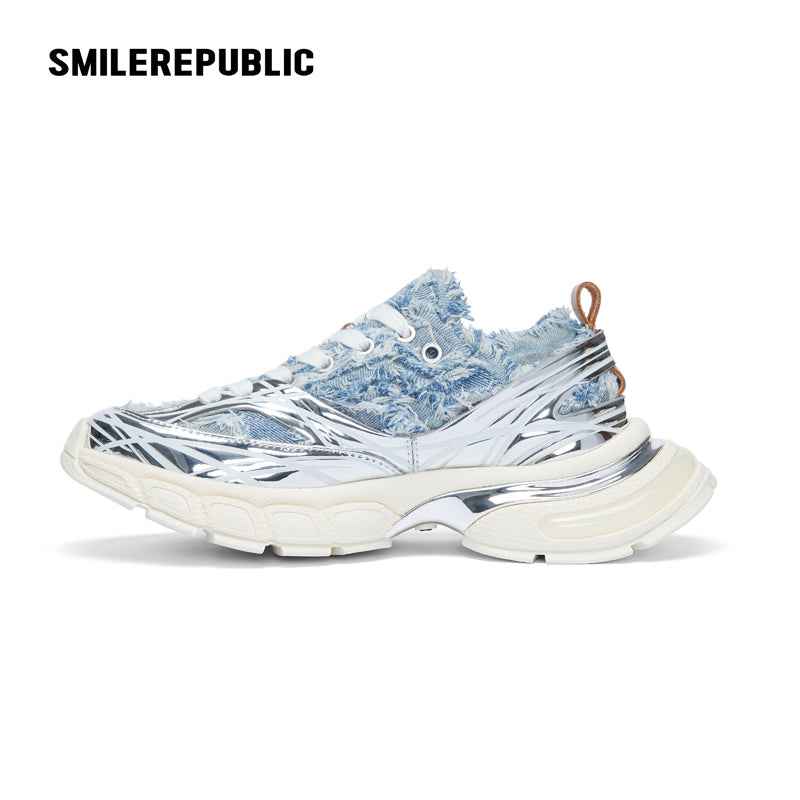 Light Blue Frayed Denim Chunky Sneakers with Silver Trim, Unisex Low Top Lace Up Shoes