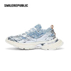 Light Blue Frayed Denim Chunky Sneakers with Silver Trim, Unisex Low Top Lace Up Shoes