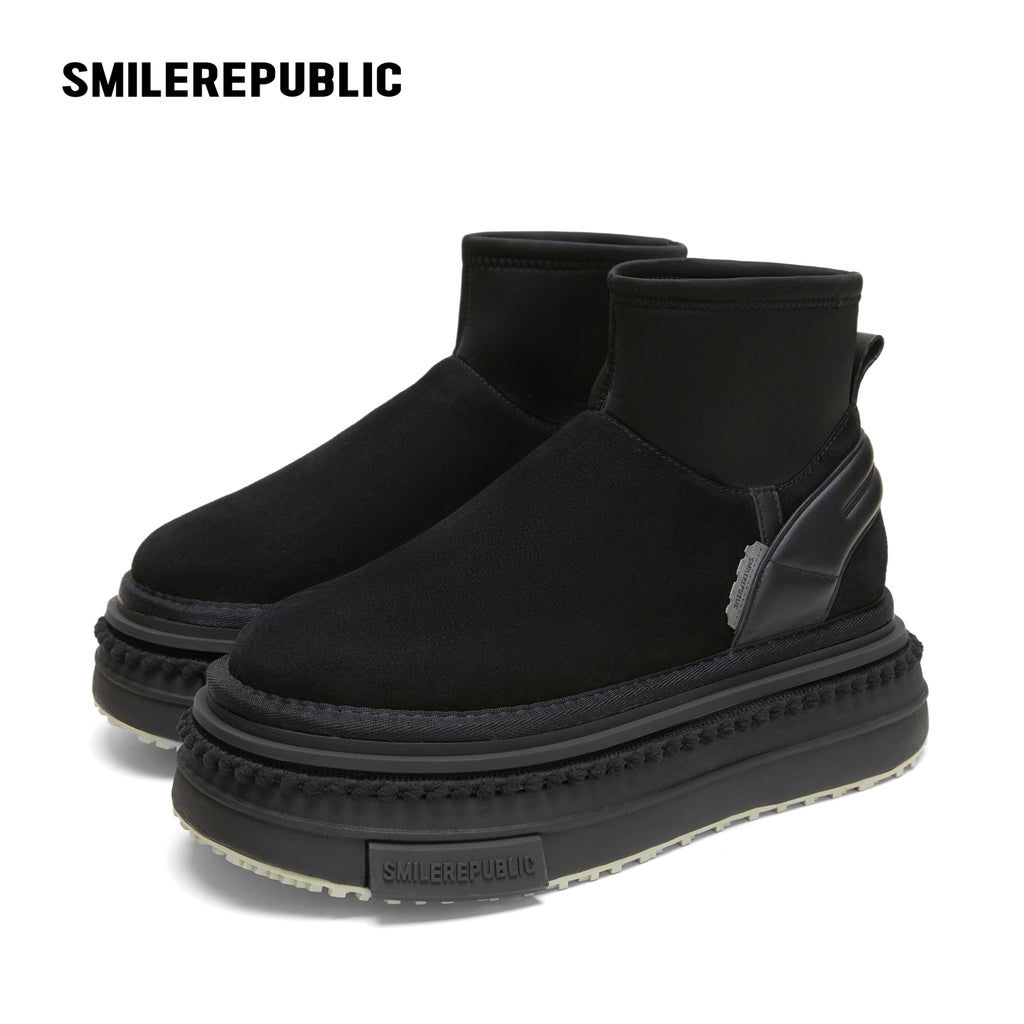 Black Low-Shaft Slip-On Chunky Platform Ankle Boots, Casual Winter Shoes