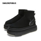 Black Low-Shaft Slip-On Chunky Platform Ankle Boots, Casual Winter Shoes