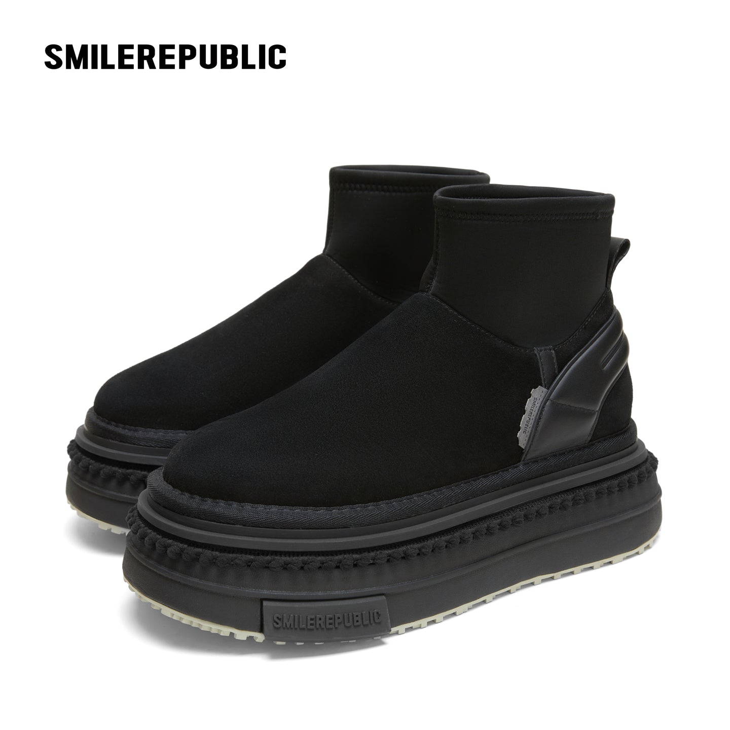 Black Low-Shaft Slip-On Chunky Platform Ankle Boots, Casual Winter Shoes