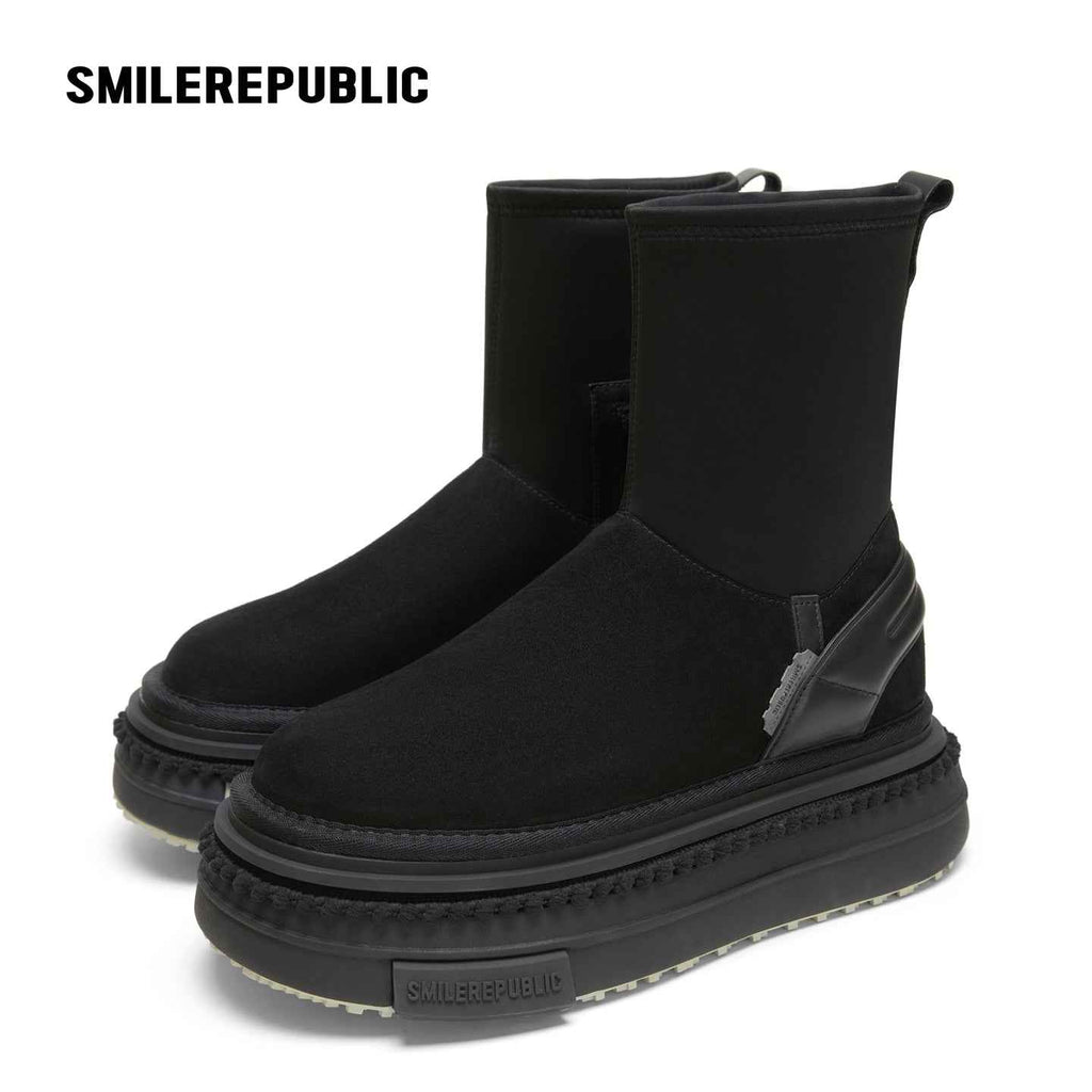Black Mid-Calf Side-Zip Chunky Platform Winter Boots with Rear Pull Tabs
