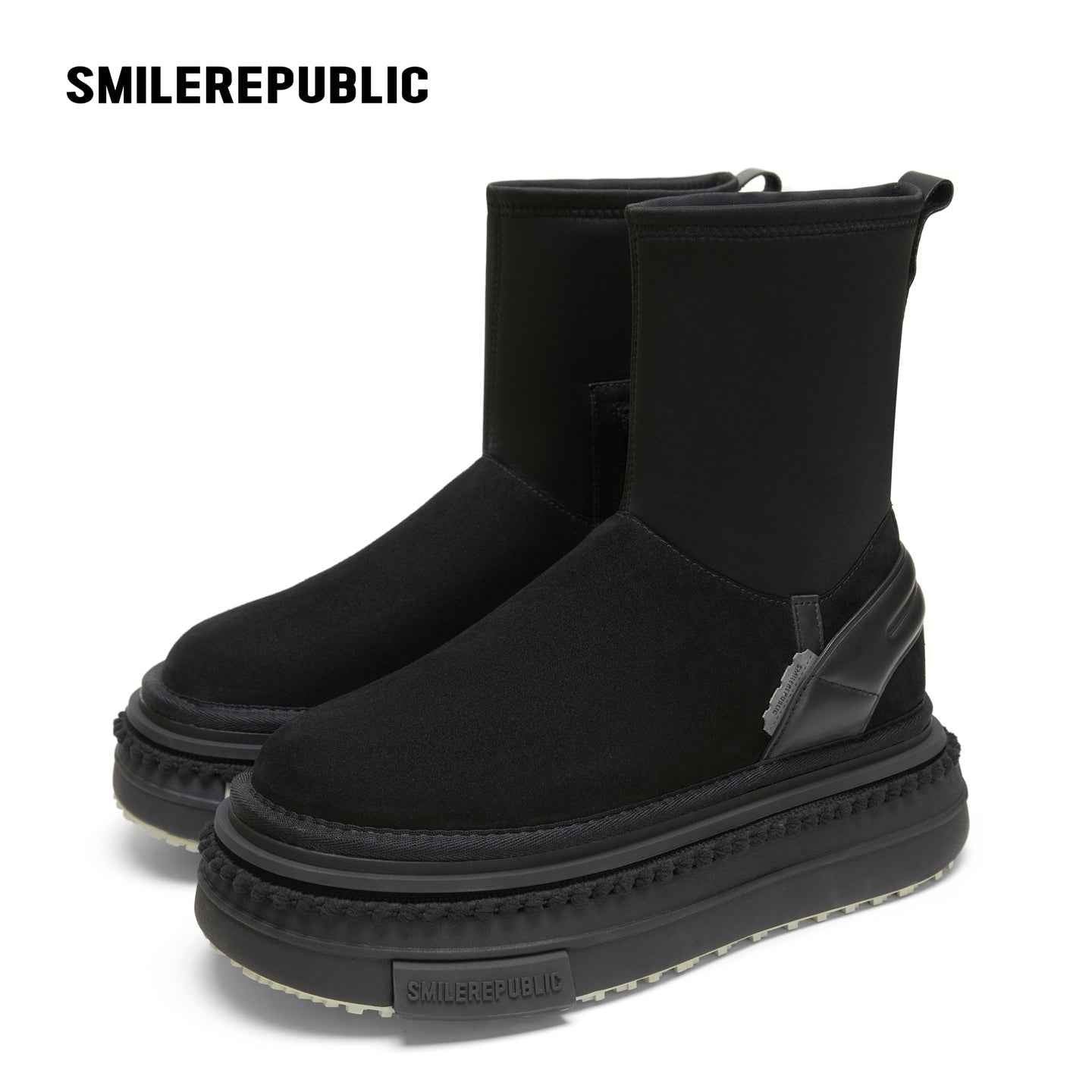 Black Mid-Calf Side-Zip Chunky Platform Winter Boots with Rear Pull Tabs