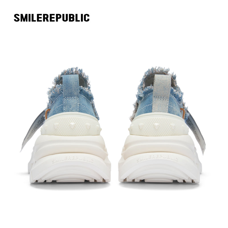 Denim Blue Frayed Canvas Smile Toe Platform Sneakers, Unisex Lace Up Shoes