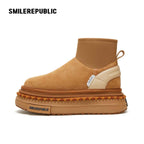 Almond Tan Pull-On Stretch Shaft Chunky Platform Ankle Boots with Pom-Pom Trim