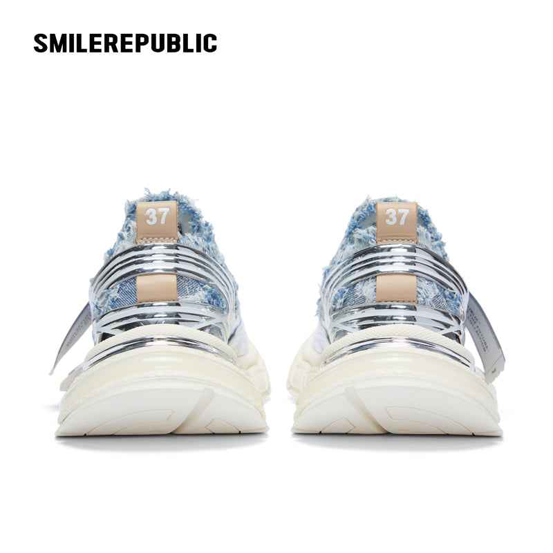 Light Blue Frayed Denim Chunky Sneakers with Silver Trim, Unisex Low Top Lace Up Shoes