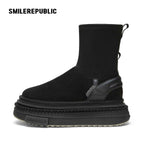 Black Mid-Calf Side-Zip Chunky Platform Winter Boots with Rear Pull Tabs