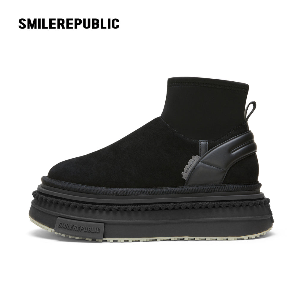 Black Low-Shaft Slip-On Chunky Platform Ankle Boots, Casual Winter Shoes