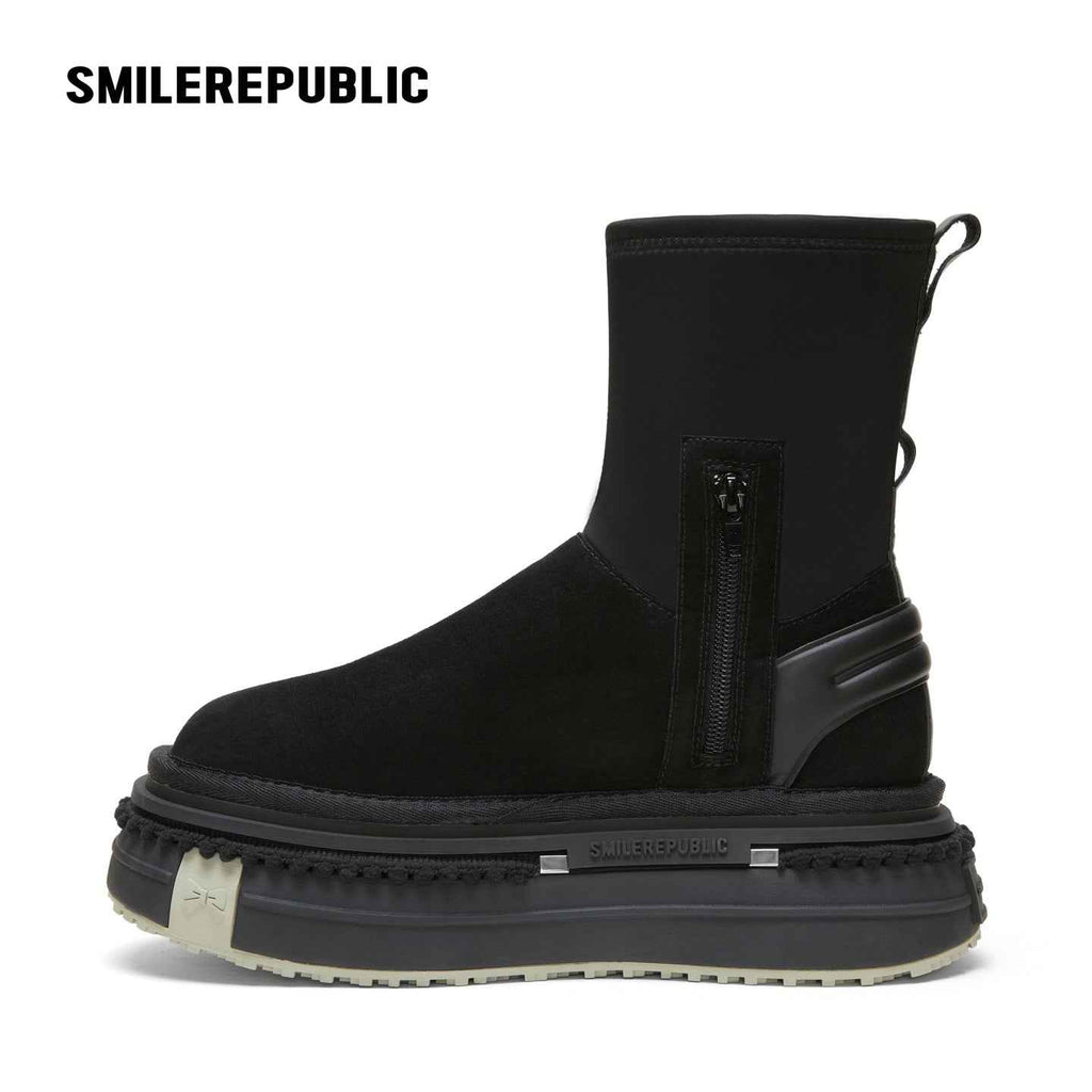 Black Mid-Calf Side-Zip Chunky Platform Winter Boots with Rear Pull Tabs
