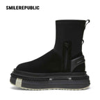 Black Mid-Calf Side-Zip Chunky Platform Winter Boots with Rear Pull Tabs