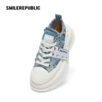 Denim Blue Frayed Canvas Smile Toe Platform Sneakers, Unisex Lace Up Shoes