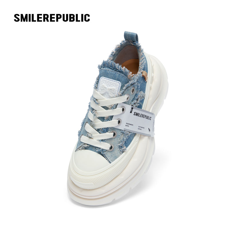 Denim Blue Frayed Canvas Smile Toe Platform Sneakers, Unisex Lace Up Shoes