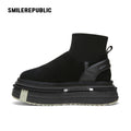 Black Low-Shaft Slip-On Chunky Platform Ankle Boots, Casual Winter Shoes