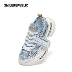 Light Blue Frayed Denim Chunky Sneakers with Silver Trim, Unisex Low Top Lace Up Shoes