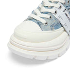 Denim Blue Frayed Canvas Smile Toe Platform Sneakers, Unisex Lace Up Shoes