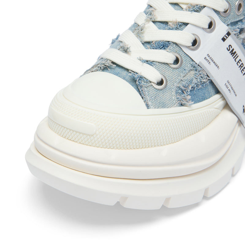 Denim Blue Frayed Canvas Smile Toe Platform Sneakers, Unisex Lace Up Shoes