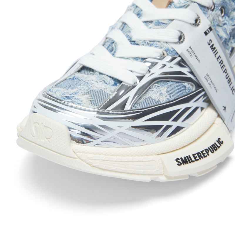 Light Blue Frayed Denim Chunky Sneakers with Silver Trim, Unisex Low Top Lace Up Shoes