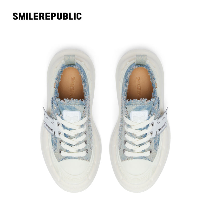 Denim Blue Frayed Canvas Smile Toe Platform Sneakers, Unisex Lace Up Shoes