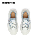 Denim Blue Frayed Canvas Smile Toe Platform Sneakers, Unisex Lace Up Shoes