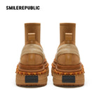 Almond Tan Pull-On Stretch Shaft Chunky Platform Ankle Boots with Pom-Pom Trim