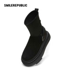 Black Mid-Calf Side-Zip Chunky Platform Winter Boots with Rear Pull Tabs