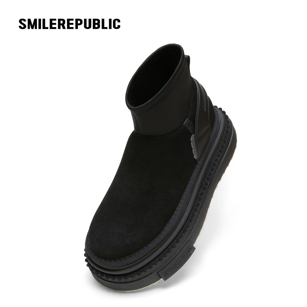 Black Low-Shaft Slip-On Chunky Platform Ankle Boots, Casual Winter Shoes