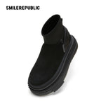 Black Low-Shaft Slip-On Chunky Platform Ankle Boots, Casual Winter Shoes