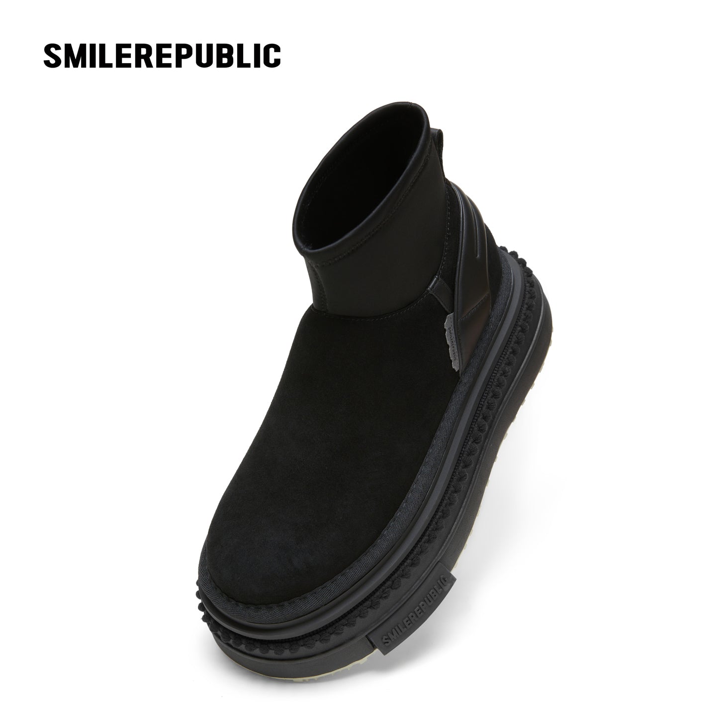 Black Low-Shaft Slip-On Chunky Platform Ankle Boots, Casual Winter Shoes