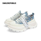 Denim Blue Frayed Canvas Smile Toe Platform Sneakers, Unisex Lace Up Shoes