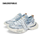 Light Blue Frayed Denim Chunky Sneakers with Silver Trim, Unisex Low Top Lace Up Shoes