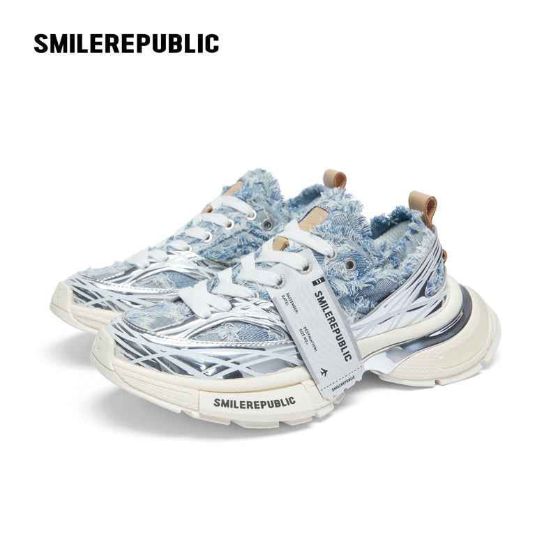 Light Blue Frayed Denim Chunky Sneakers with Silver Trim, Unisex Low Top Lace Up Shoes