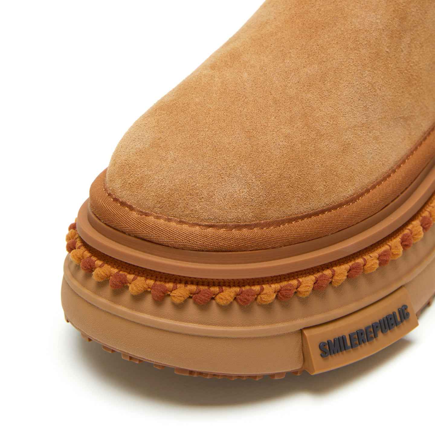 Almond Tan Pull-On Stretch Shaft Chunky Platform Ankle Boots with Pom-Pom Trim
