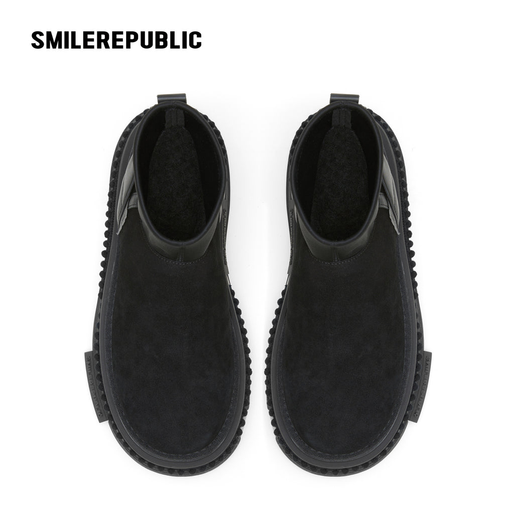 Black Low-Shaft Slip-On Chunky Platform Ankle Boots, Casual Winter Shoes