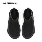 Black Low-Shaft Slip-On Chunky Platform Ankle Boots, Casual Winter Shoes