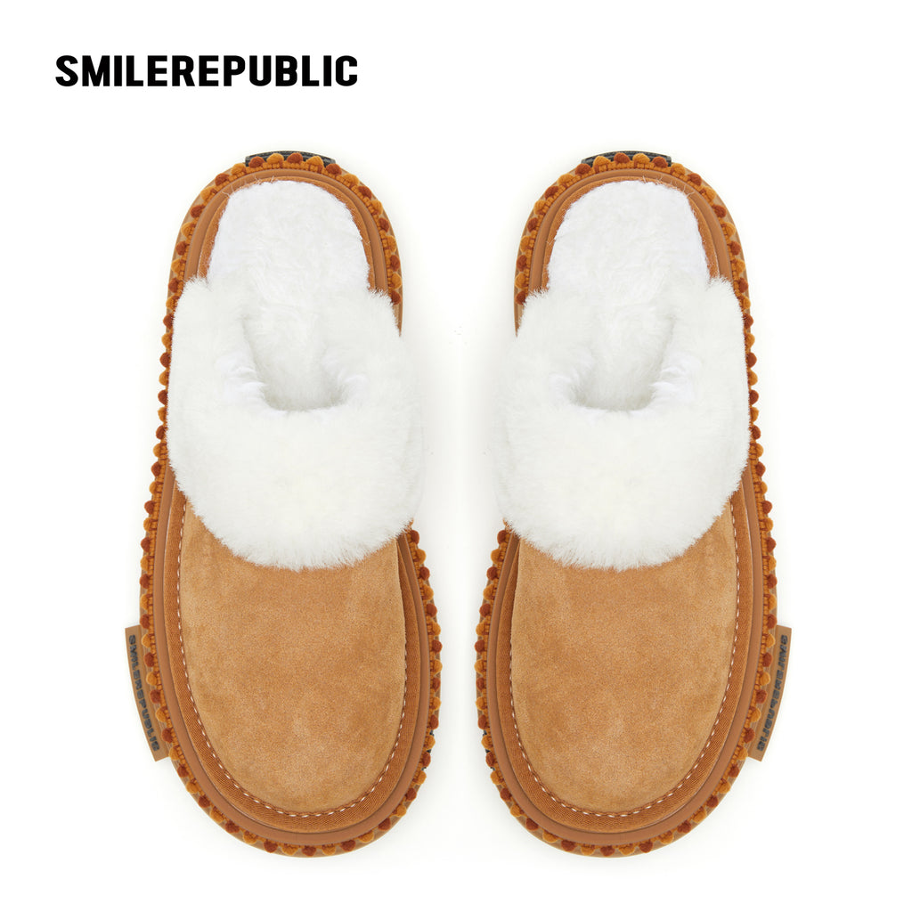 Almond Tan Furry Trim Platform Mule Slippers, Closed Toe Winter Shoes