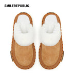Almond Tan Furry Trim Platform Mule Slippers, Closed Toe Winter Shoes
