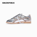 Mirror-Finish Silver Bow Side Detail Low Top Lace Up Sneakers