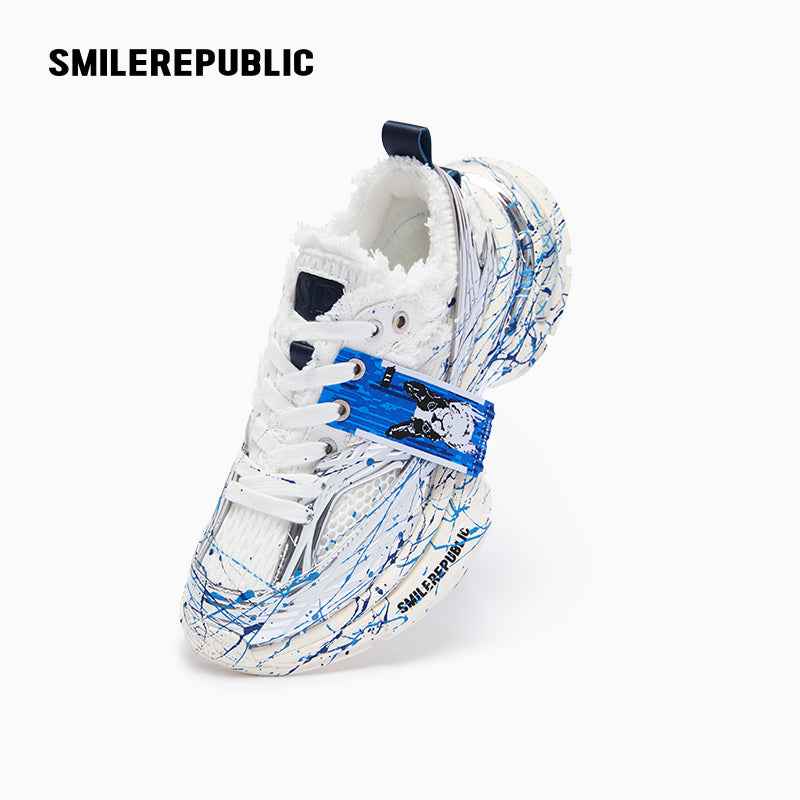 White and Silver Mesh Paint Splatter Chunky Sneakers, Unisex Low Top Lace Up Shoes