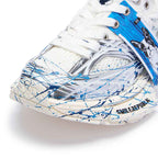 White and Silver Mesh Paint Splatter Chunky Sneakers, Unisex Low Top Lace Up Shoes