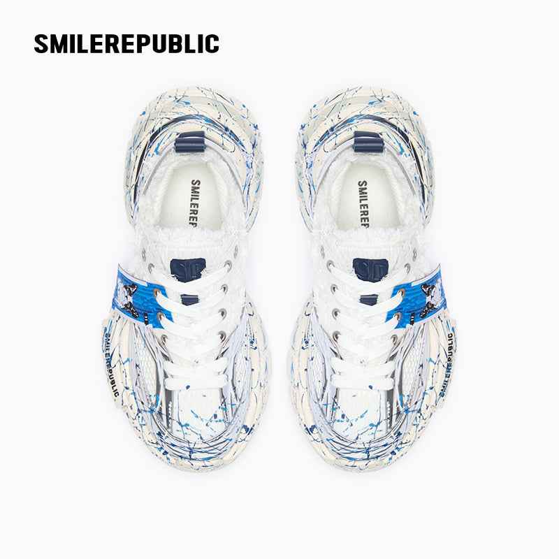 White and Silver Mesh Paint Splatter Chunky Sneakers, Unisex Low Top Lace Up Shoes